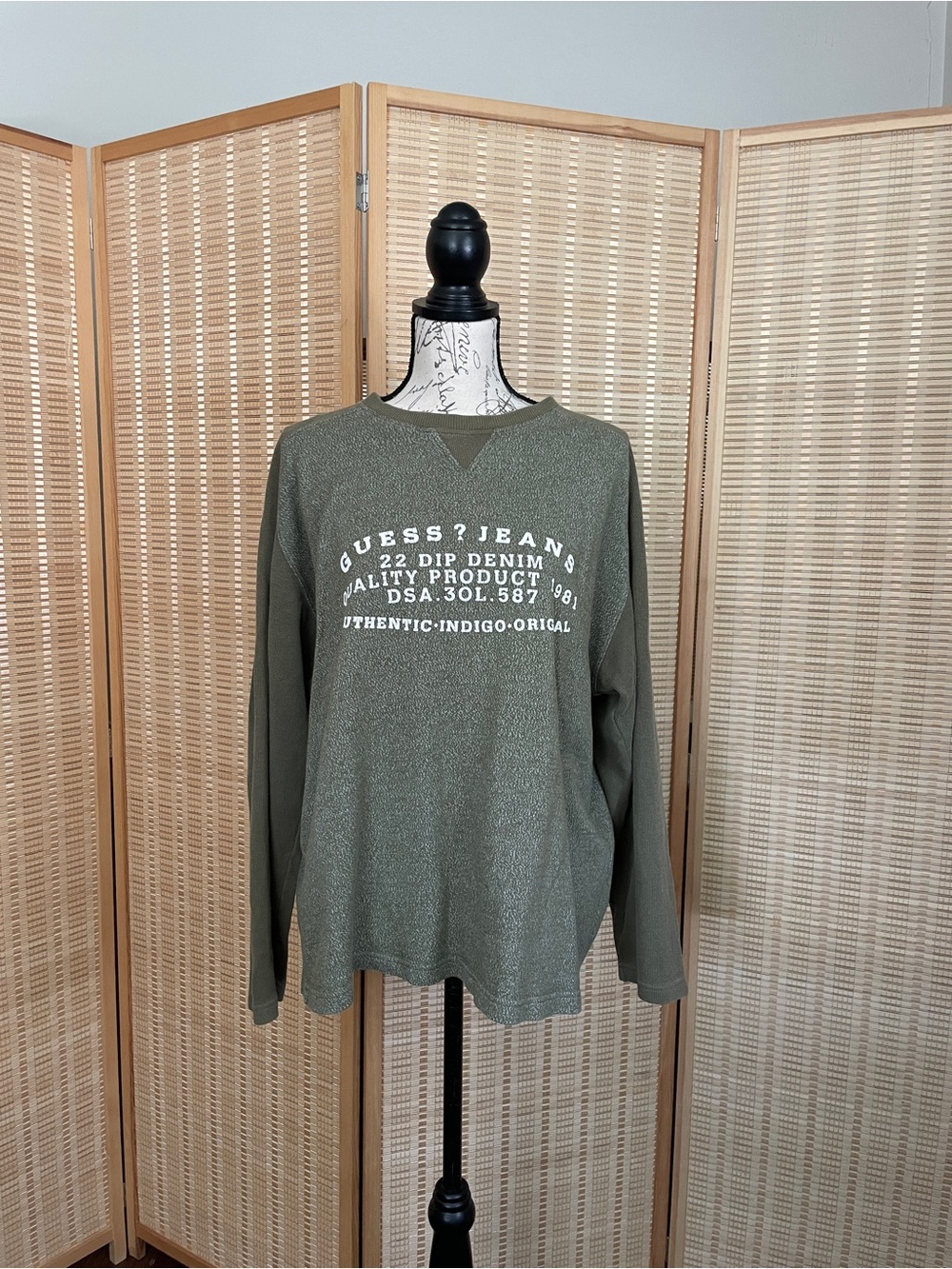 Vintage Men's Guess Olive Green Long-Sleeve Baseball Sweater Knit Size M Fall